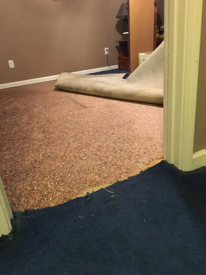 Carpet pad removal revealing water damage during Water Mitigation Services in Kayenta